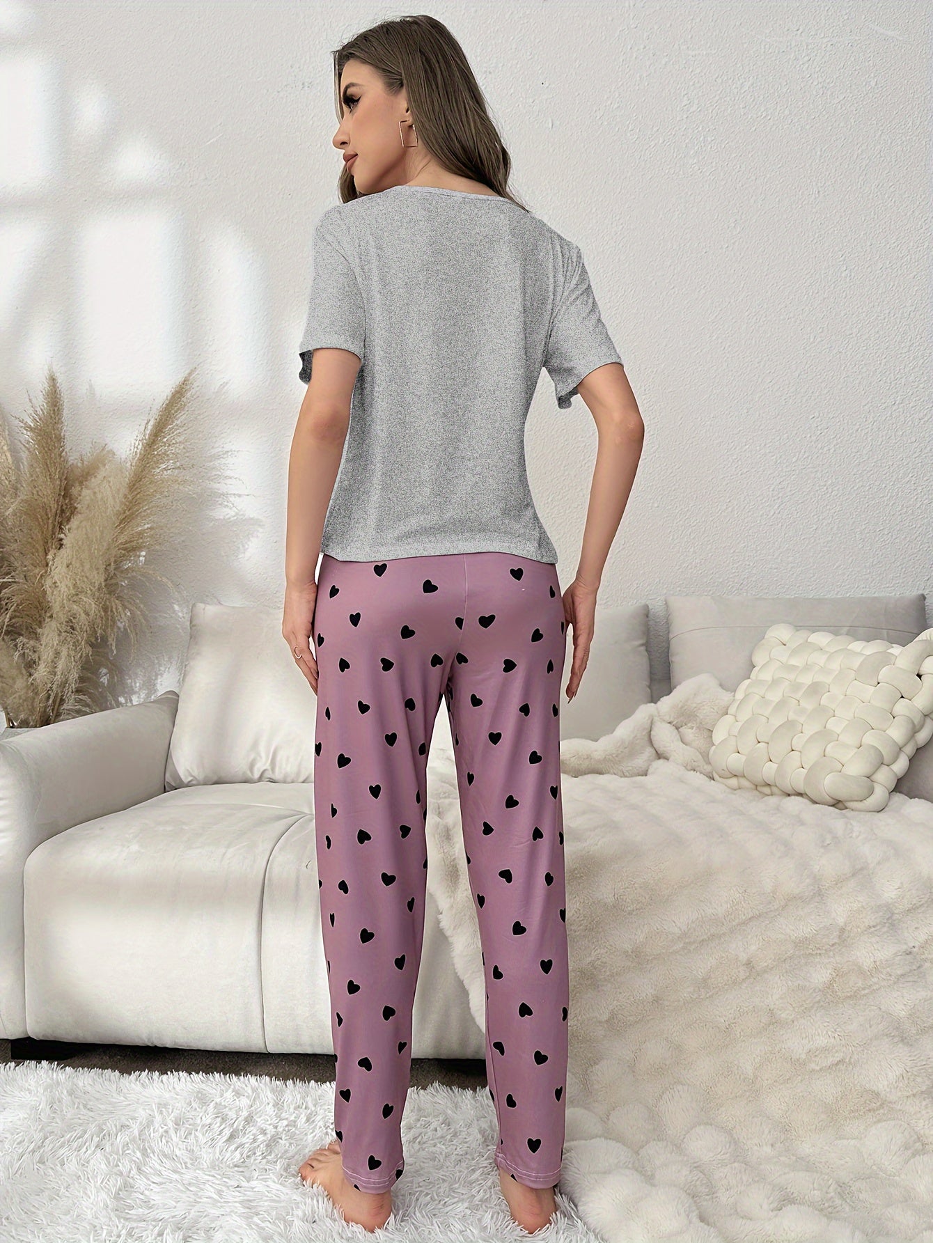 Women's Cartoon Bear Pajama Set Short Sleeve Top Elastic Waist Pants Sleepwear for Adults