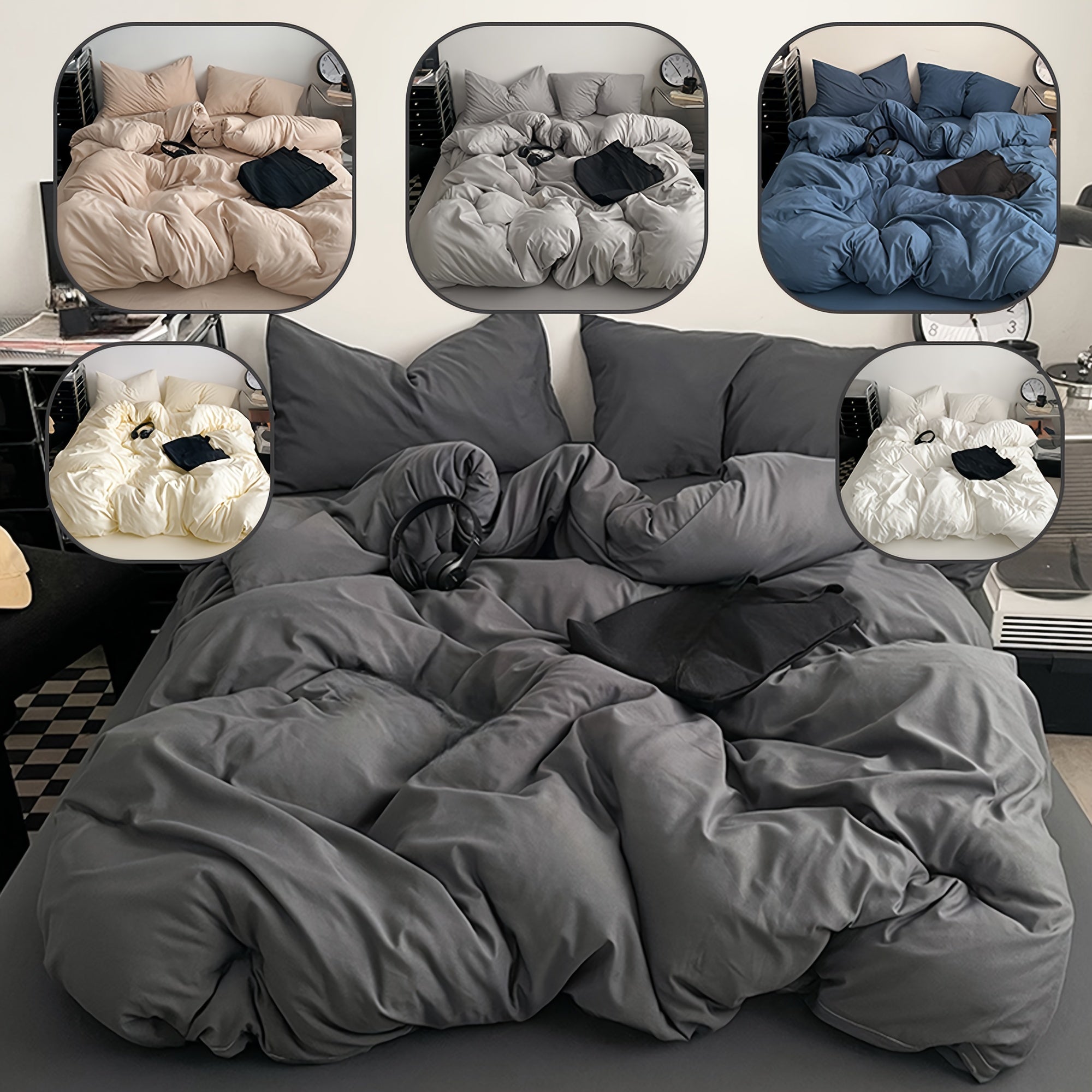 Set of 3 Polyester Duvet Cover and Pillowcase Set Solid Color Shrink Resistant Machine Washable