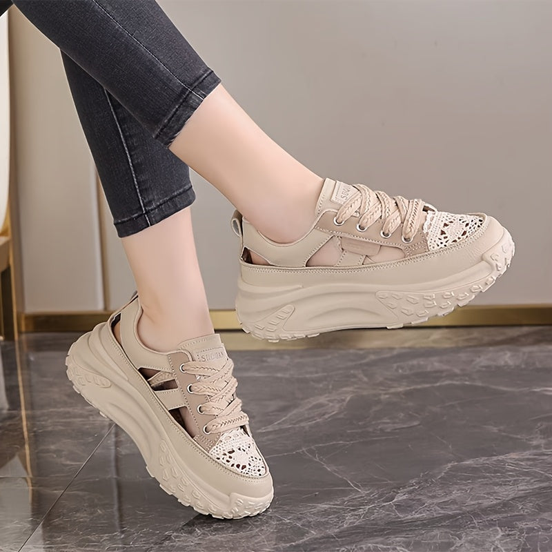 Women's Breathable Mesh Sneakers Summer Walking Shoes Casual Lace-Up Beige Black