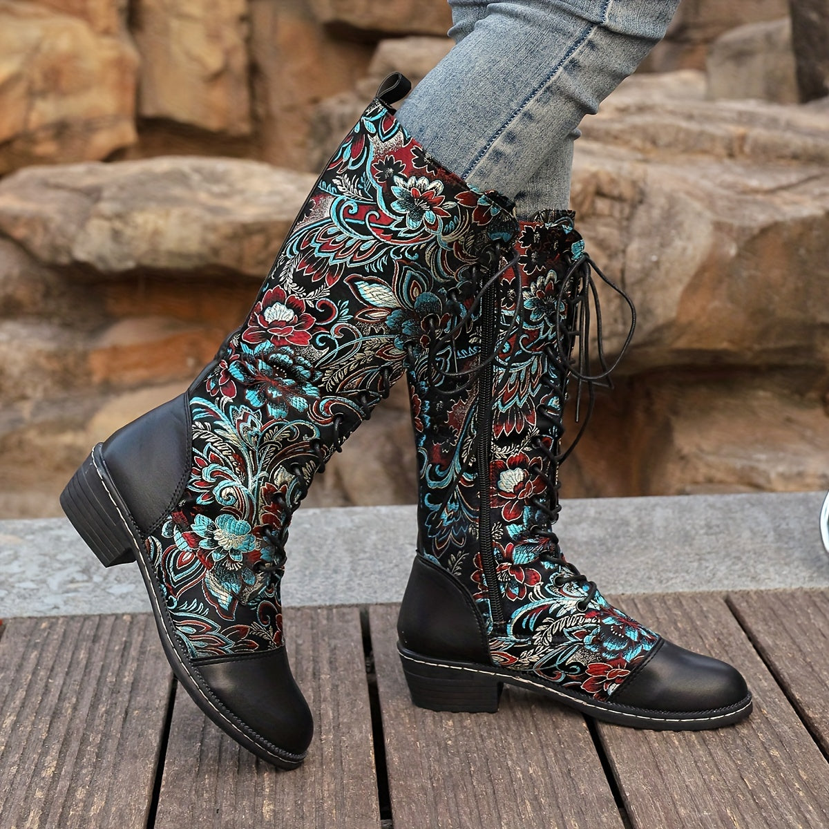 Women's Ethnic Style Lace-Up Mid-Calf Boots Colorful Patterns Casual Shoes