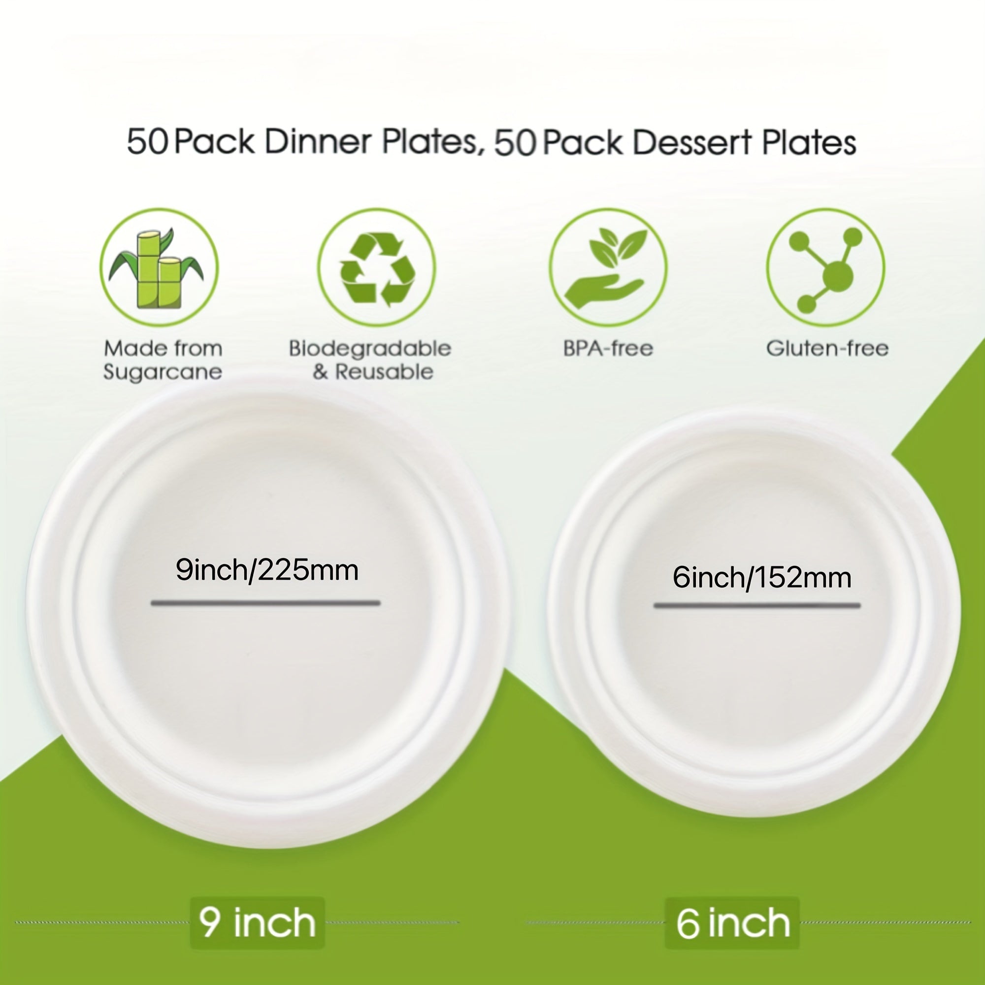 Set of 100 Heavy Duty Sugarcane Fiber Disposable Paper Plates for Parties