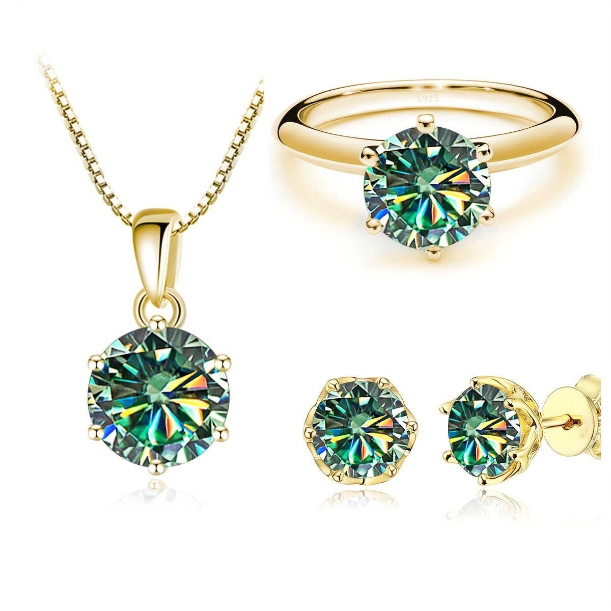 4 ta Moissanite zargarlik buyumlari to'plami, uzuk, sirg'a, taqinchoq, 1ct Sterling kumush, turli ranglar