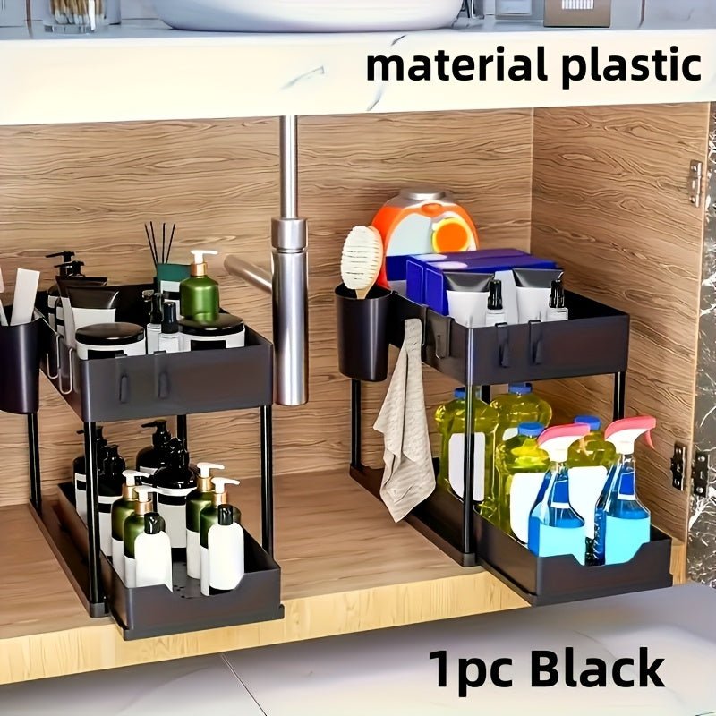 Organizador de plástico para debajo del fregadero con cesta deslizante de 2 niveles y ganchos para baño y cocina