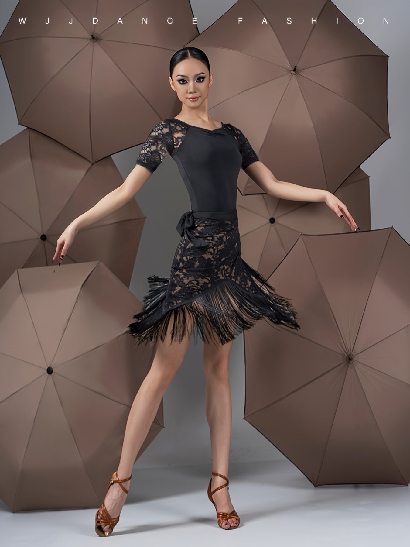 Falda de baile latino para mujer talla plus con doble capa de encaje, borlas y diseño asimétrico