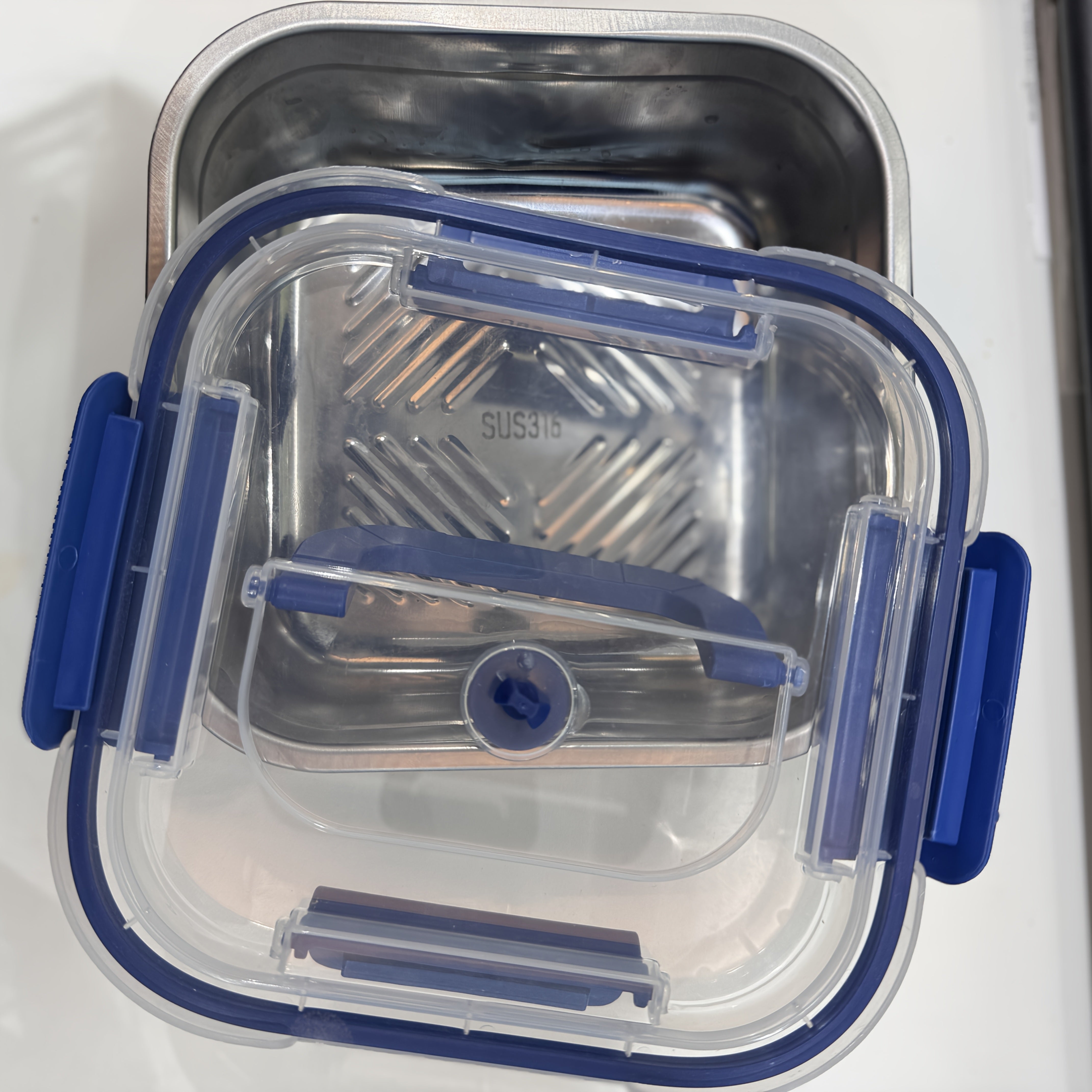 Large Stainless Steel Food Storage Container 1800ml Leakproof Reusable Blue Lid