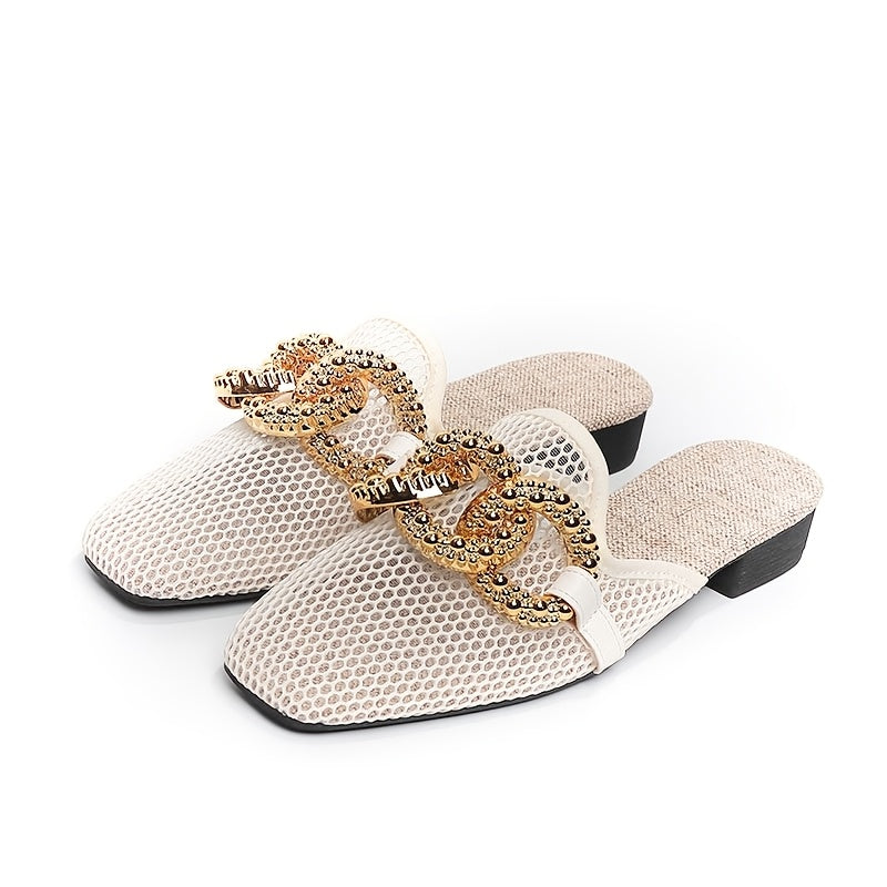 Women's Summer Slide Sandals with Chain Decoration Breathable Mesh