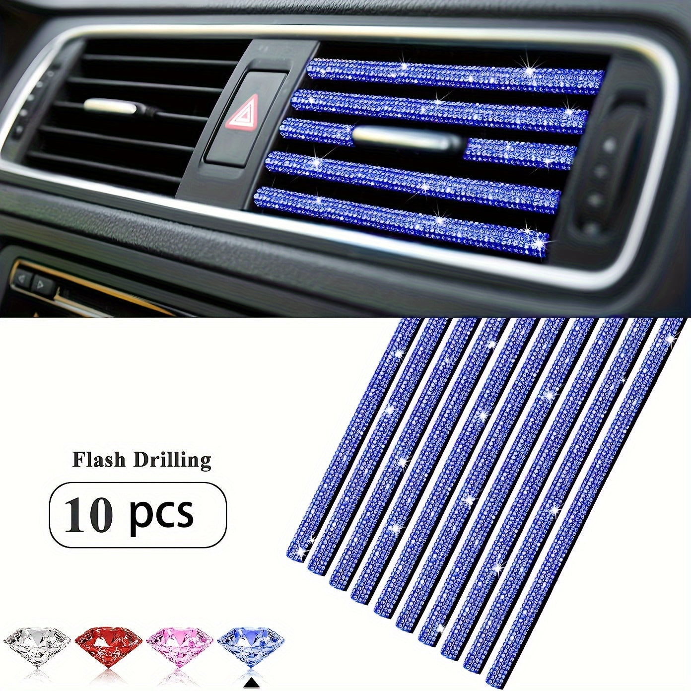 10pcs Pink Rhinestone Car Vent Trim Strips Durable Plastic Air Conditioner Outlet Decorations