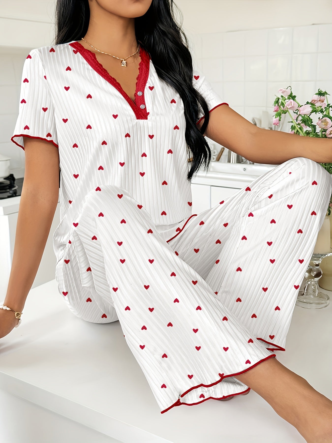 Conjunto de pijama para mujer con estampado de corazones y cerezas, cuello en V, encaje, pantalones largos, poliéster, ropa de dormir