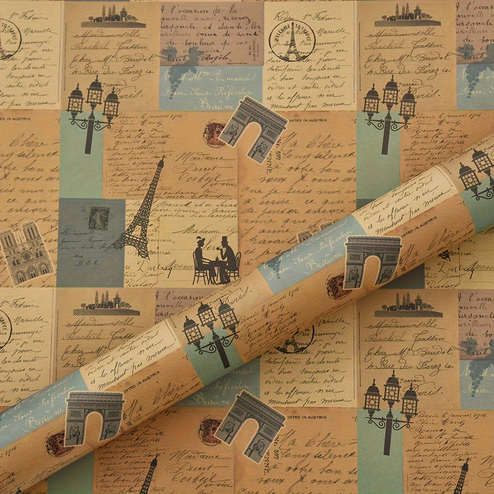 Kraft Paper Packaging with Vintage Newspaper Design and Eiffel Tower Bicycle Prints