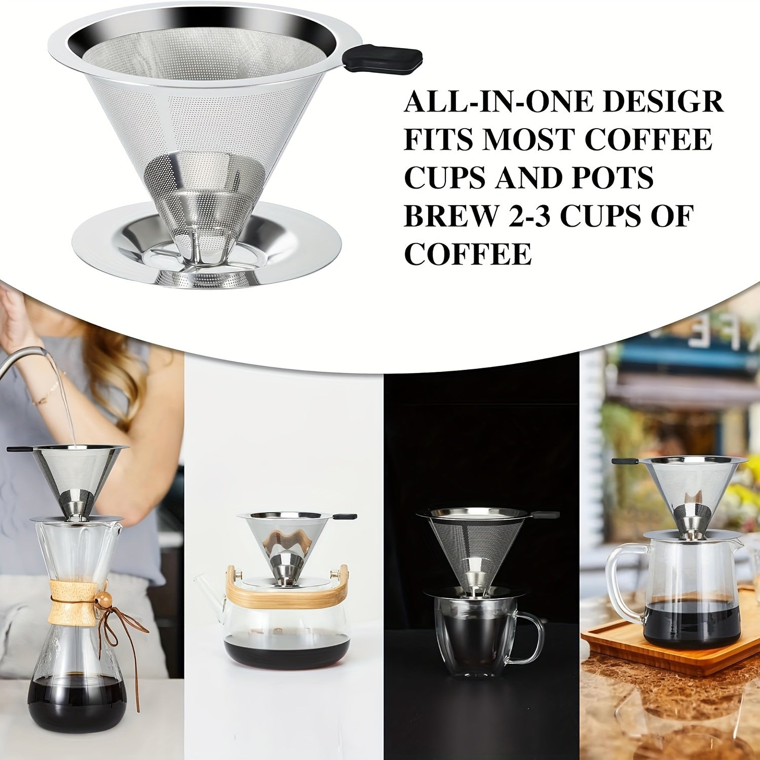 Single Cup Stainless Steel Pour Over Coffee Filter Double Mesh Cone Strainer