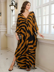 Women's Brown Zebra Print V-Neck Abaya Maxi Dress with Side Slit
