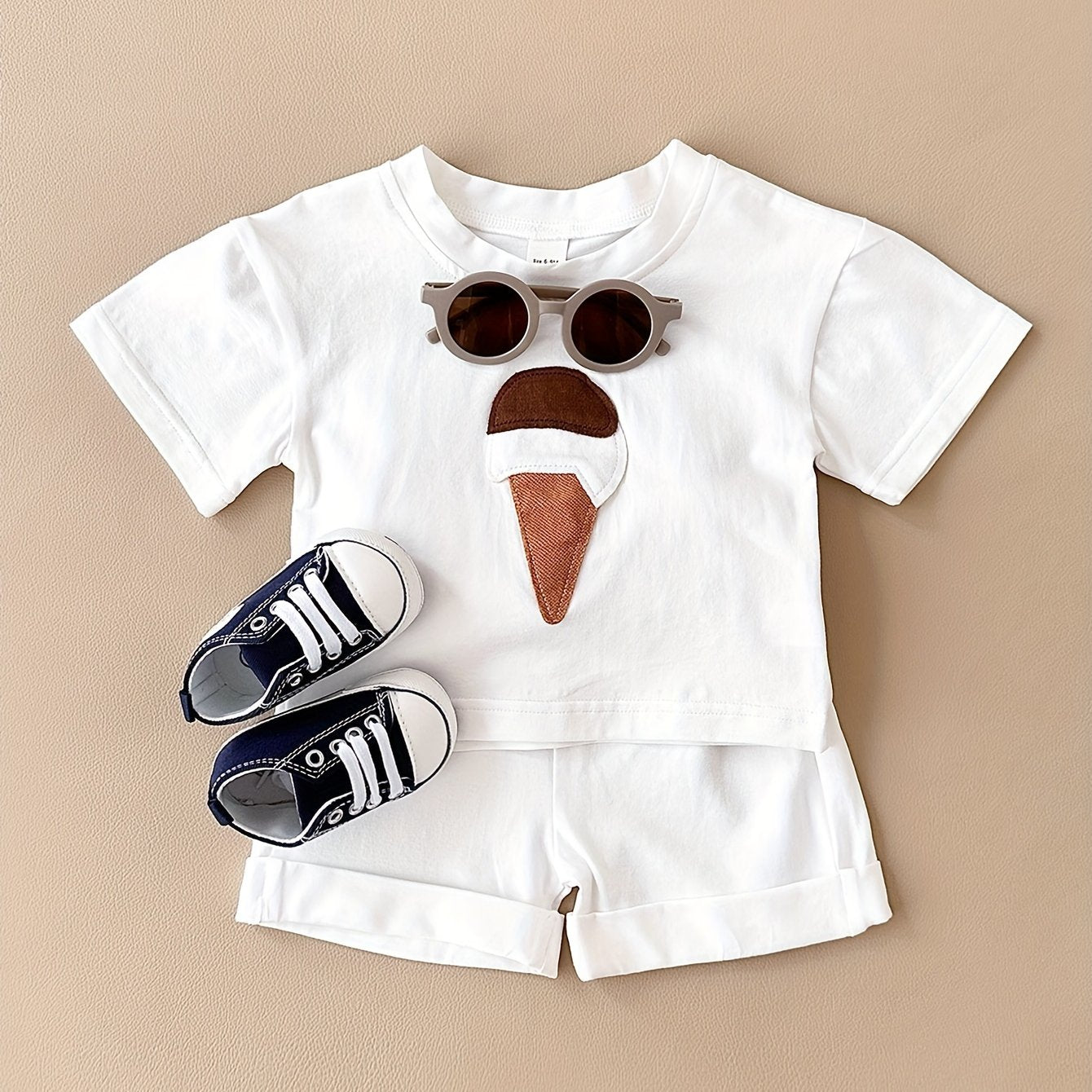 Девочки, летний хлопковый микс с аппликацией мороженого, двухпредметный комплект с коротким рукавом и шортами
