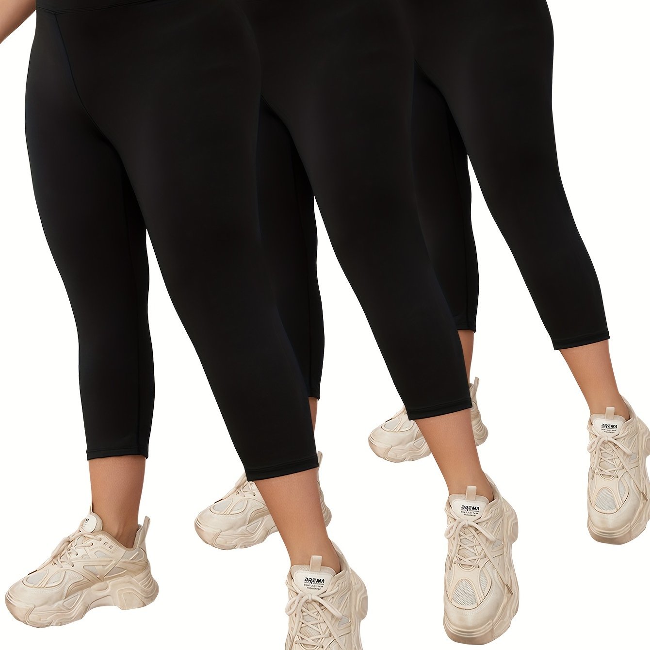 Plus Size Women Capri Leggings High Stretch Solid Color 3/4 Length Yoga Pants