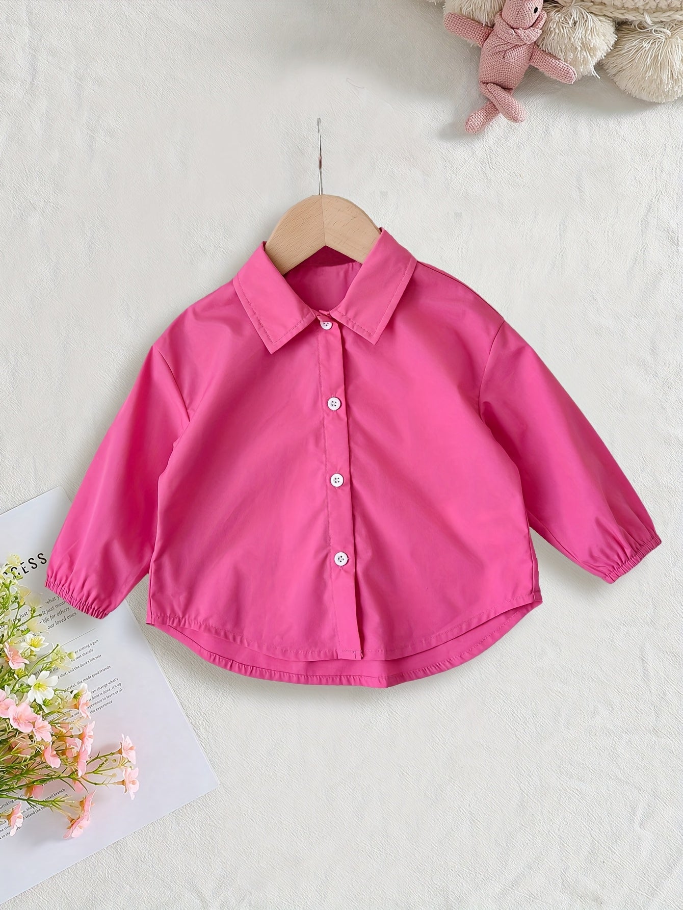 Girls' Pink Button-Up Shirt Jacket for Toddlers and Kids Spring Fall Casual Polyester