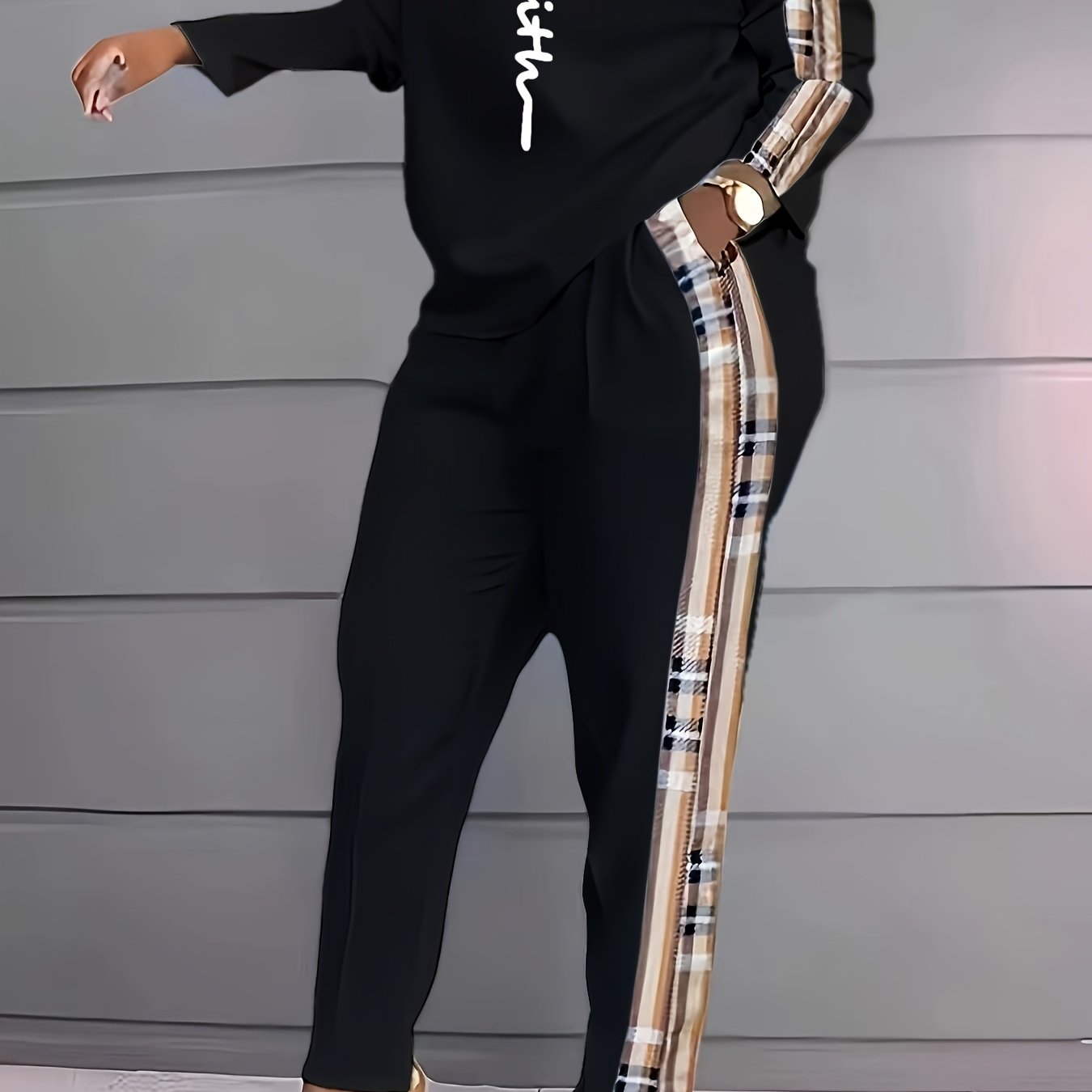 Women's Plaid Print Spandex Knit Jumpsuit with Crew Neck Pockets for Fall Winter