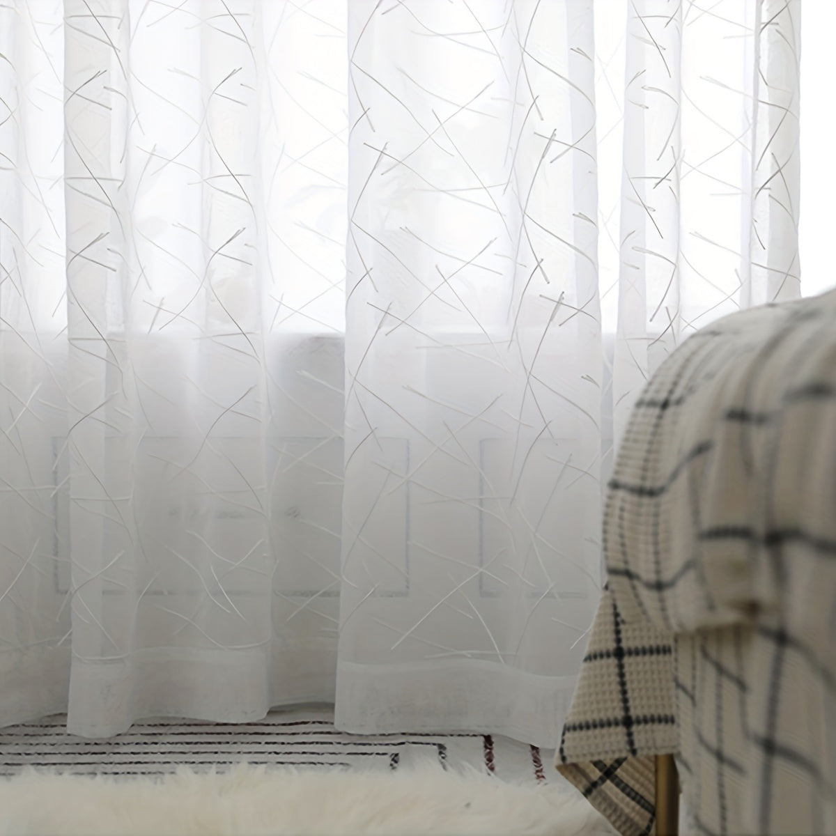 White Sheer Curtain with Geometric Design for Living Room and Bedroom