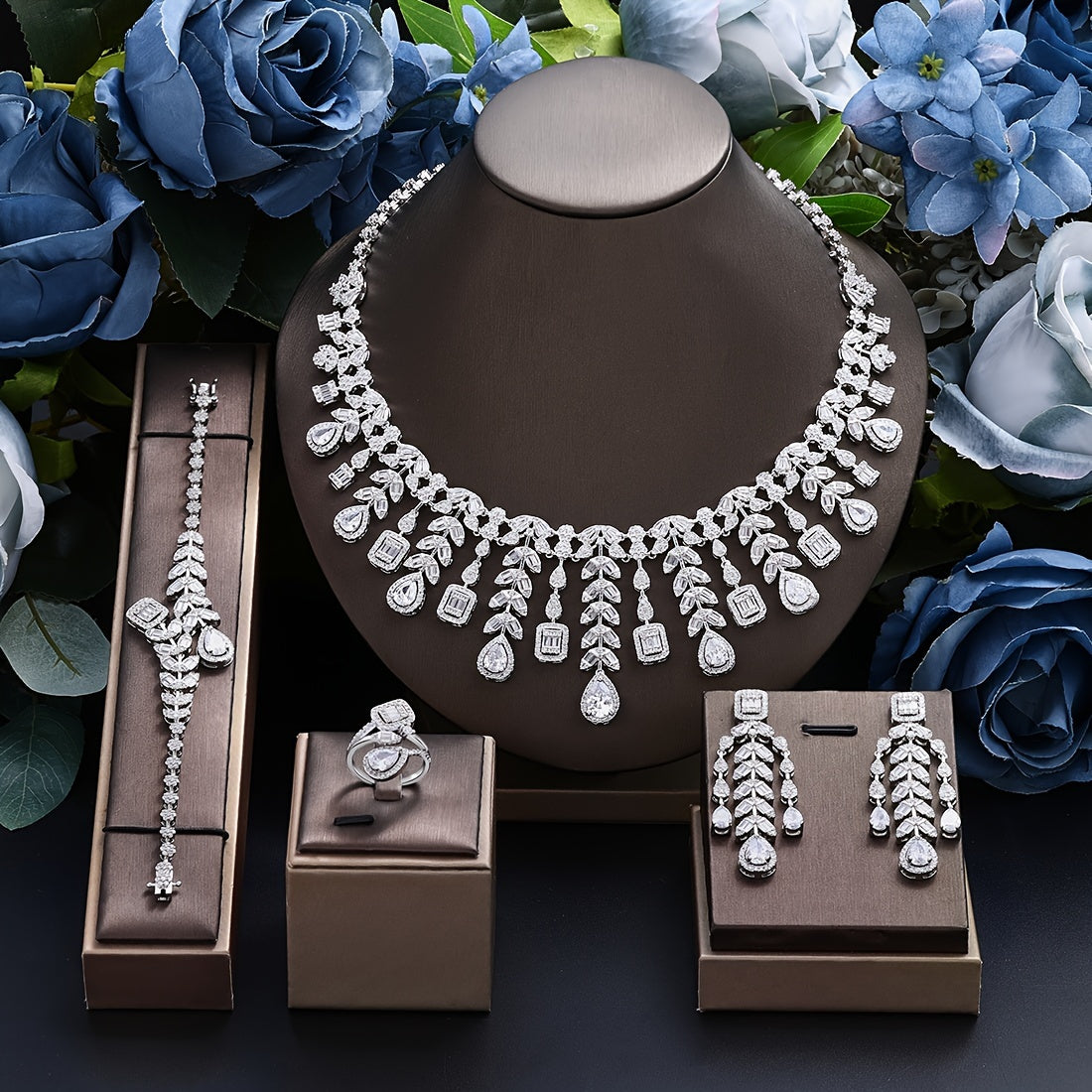 Wedding Jewelry Set for Bride 4-Piece CZ Necklace Earrings Bracelet Ring Elegant
