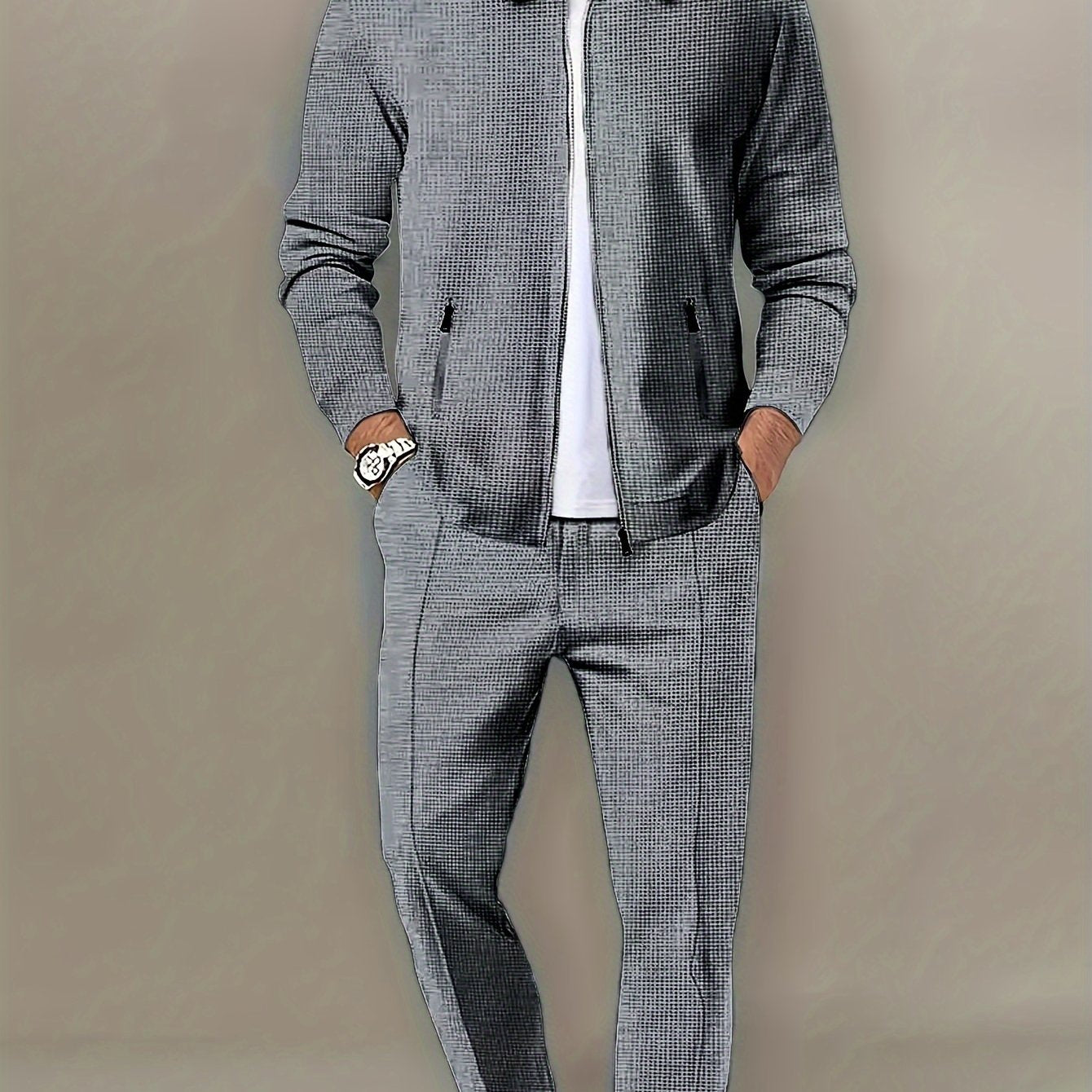 Men's Outdoor Outfit Solid Long Sleeve Zip-Up Jacket and Pants Casual Sportswear