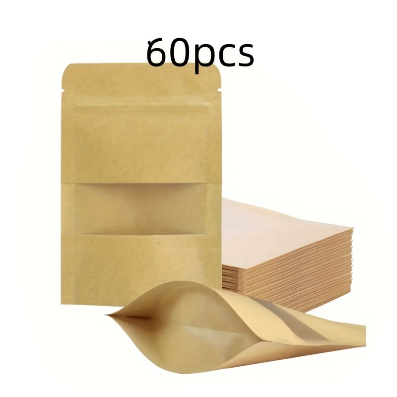 60 Kraft qog'oz sumkalar, qayta ishlatiladigan yopish zipperslari, shaffof oynalar, oson yirtiladigan U-shaklidagi dizayn bilan