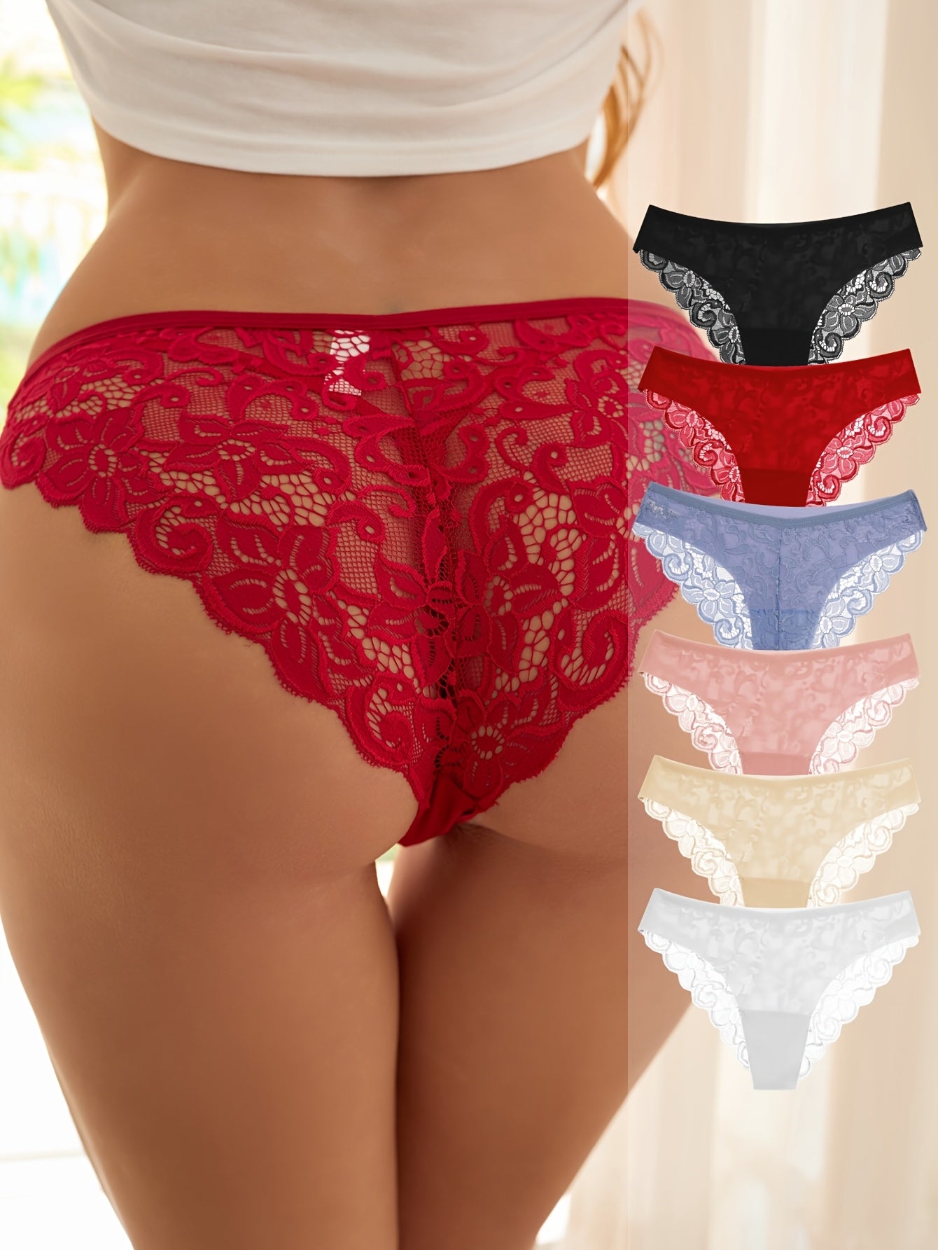 6-Piece Women's Low-Rise Lace Panties Set Breathable Nylon Floral Pattern Multiple Colors