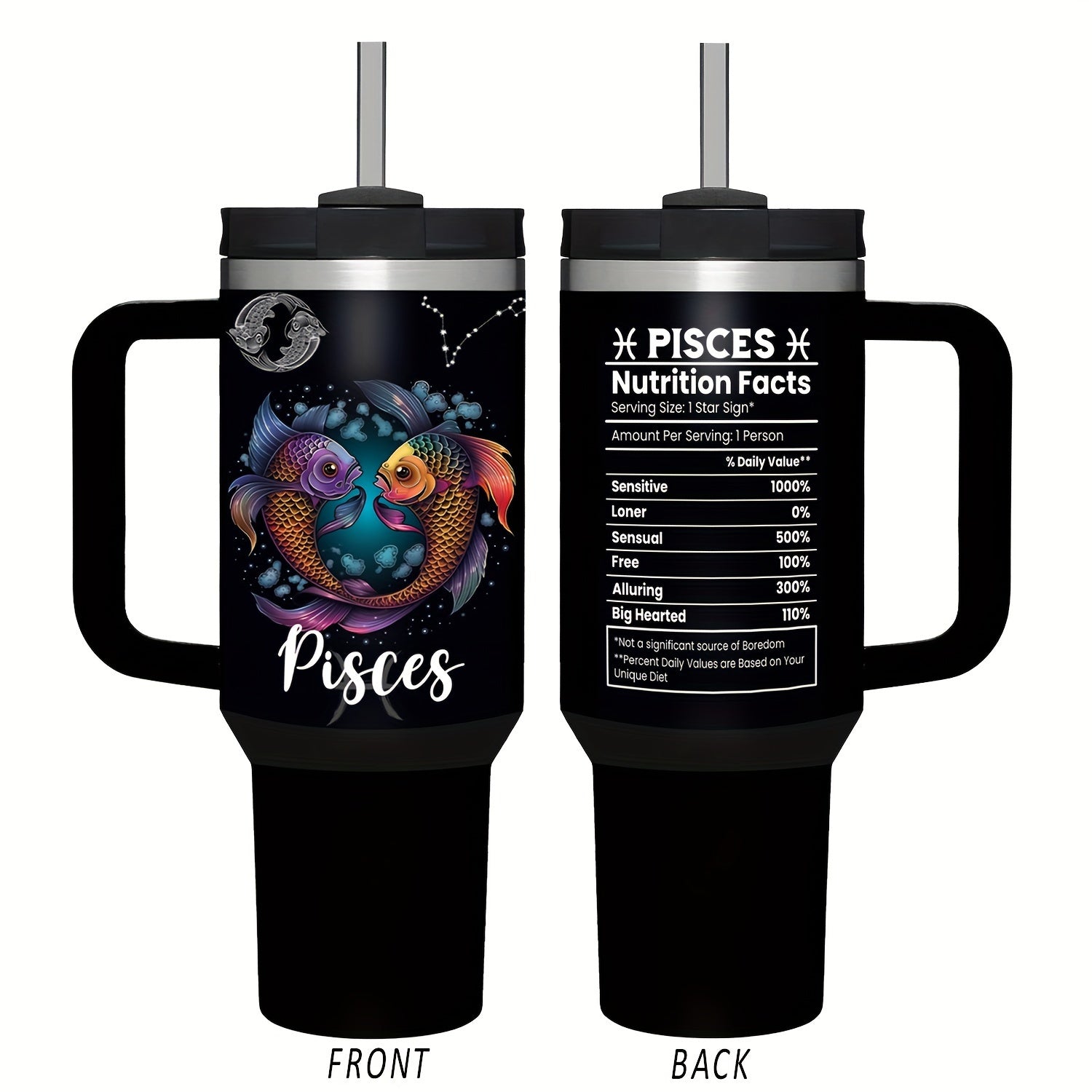 Vaso de acero inoxidable Zodiac de 40oz con asa y pajilla, a prueba de fugas, libre de BPA, taza de café de astrología para hombres y mujeres