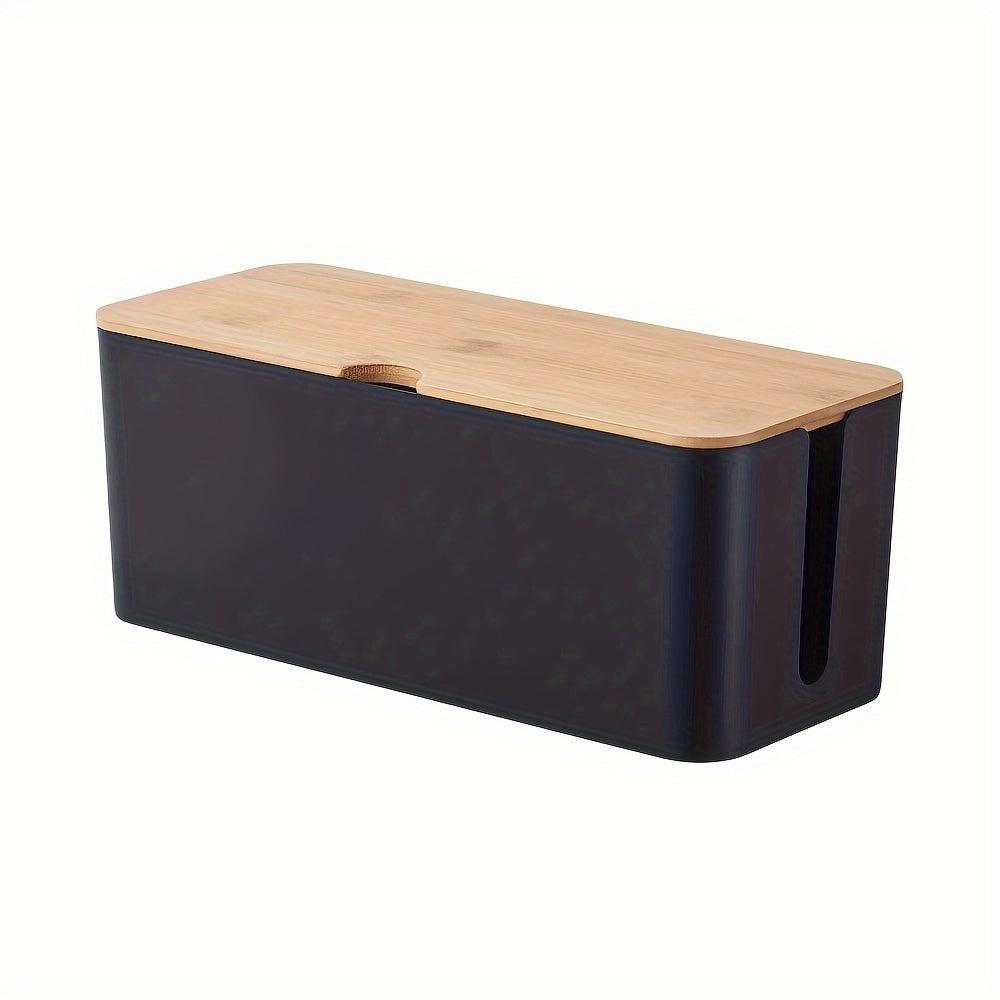 Caja de almacenamiento de escritorio con tapa de madera de bambú para organización de cables y maquillaje