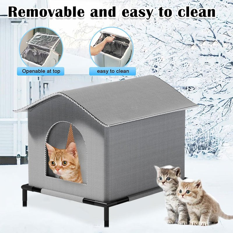 Outdoor Cat House Oxford Cloth Insulated Weatherproof Shelter with Raised Stand and Double-Sided Mat