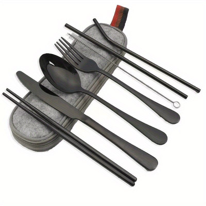 Camping Cutlery Set with 8 Stainless Steel Pieces Knife Fork Spoon Chopsticks and Carry Case