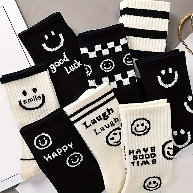 Women’s Vintage Style Mid Tube Socks 8 Pairs Knee-High Smiling Face Print