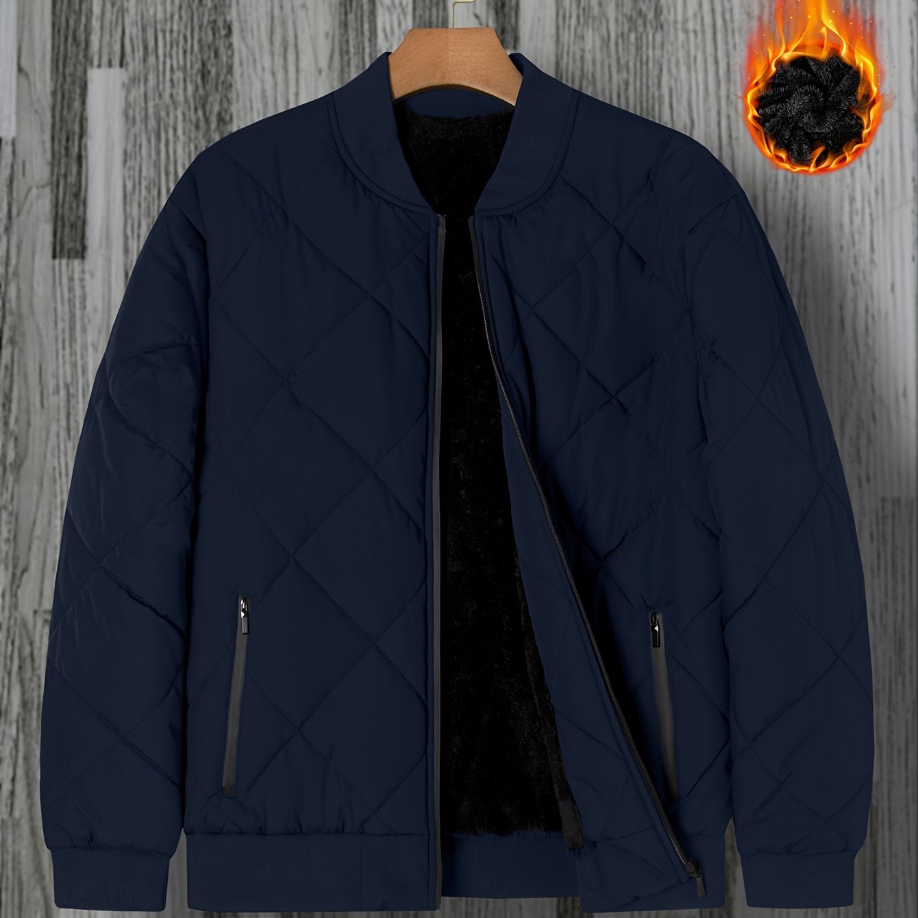 Men's Black Quilted Bomber Jacket with Zipper Closure Stand Collar for Fall Winter
