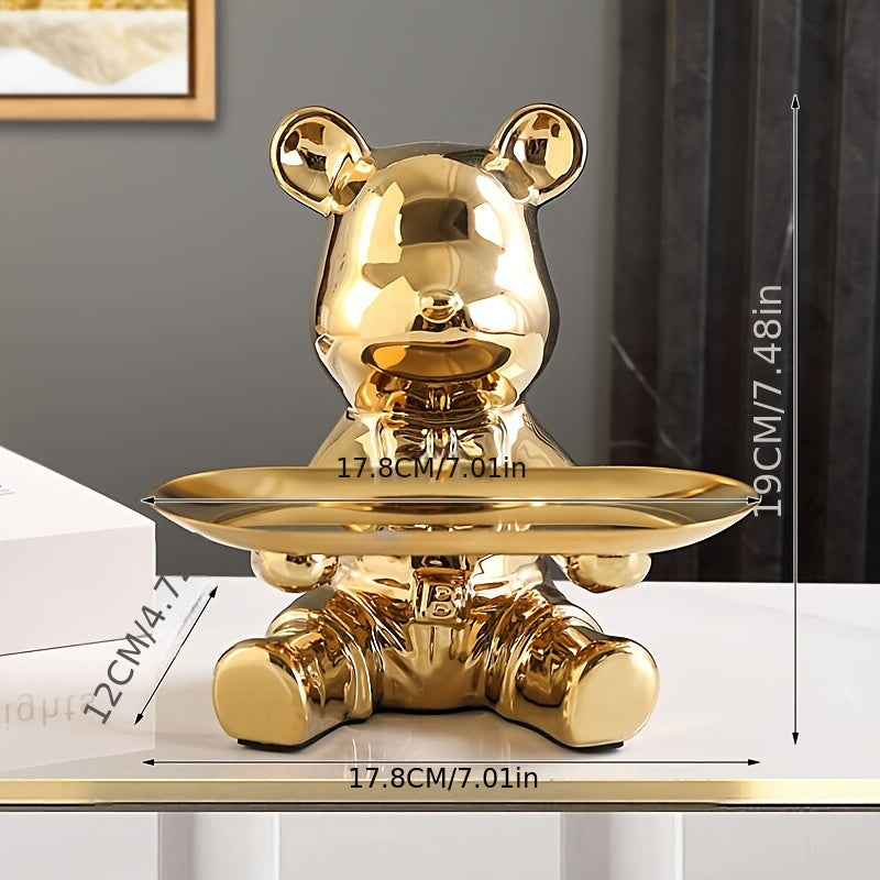 Ceramic Bear Figurine with Metal Tray Modern Home Decor Key Organizer