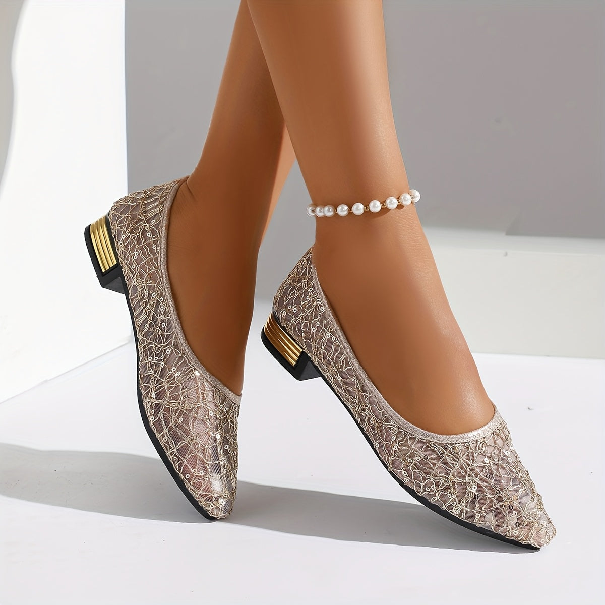 Women's Pointed Toe Ballet Flats Mesh Lace All-Season Slip-On Shoes