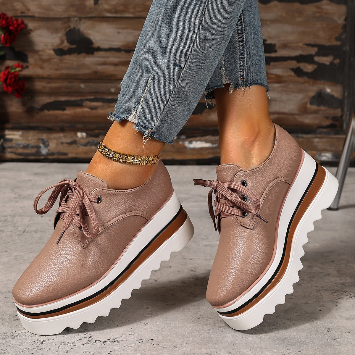 Women's White Synthetic Chunky Platform Lace-Up Shoes with Hidden Heel