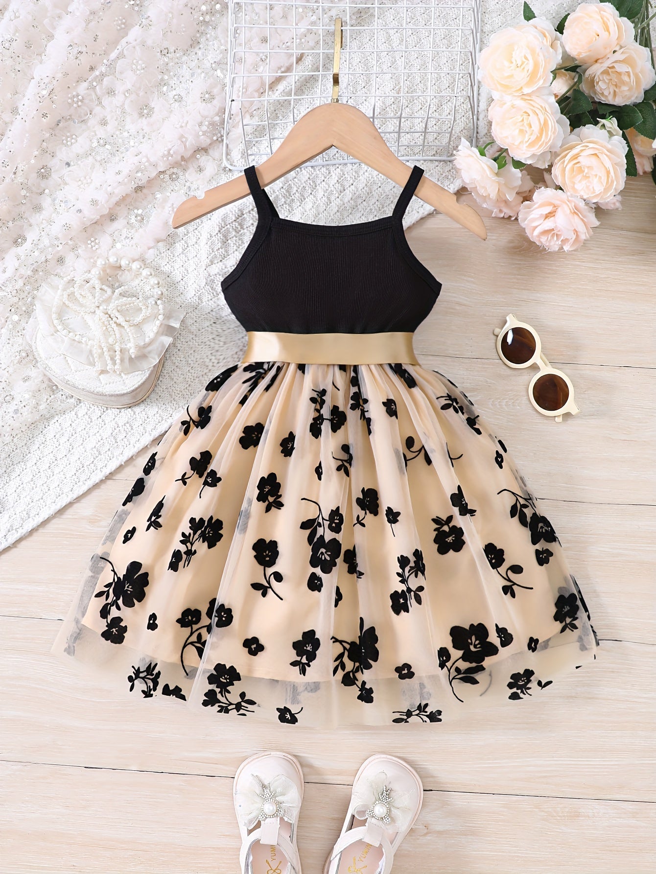 Girls Summer Splicing Flower Graphic Cami Tutu Dress for Kids