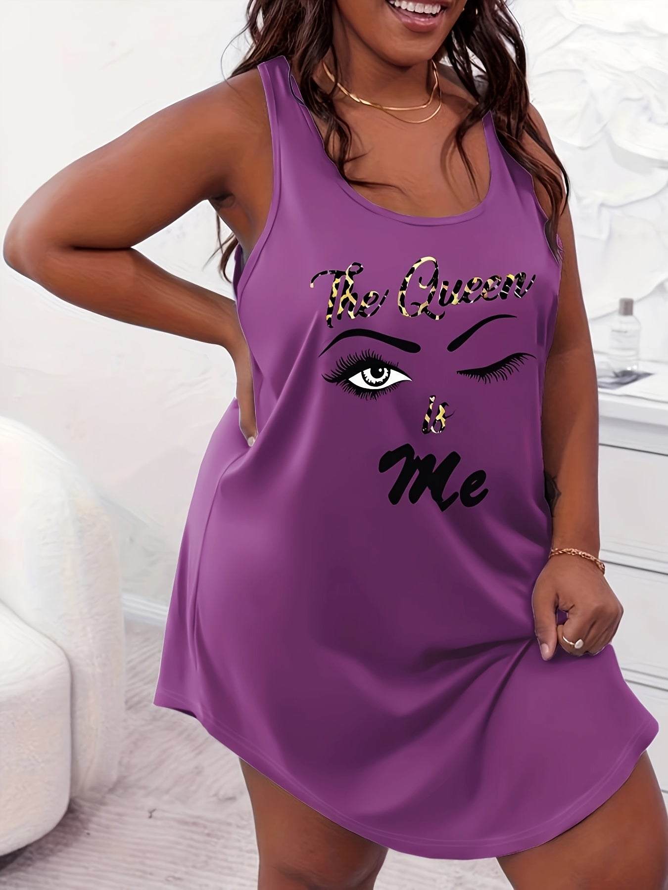 Plus Size Sleeveless Letter Print Tank Dress Casual Nightwear Purple