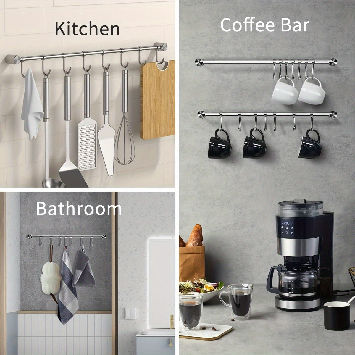 Stainless Steel Wall Mount Utensil Rack with Hooks for Kitchen and Bathroom Storage