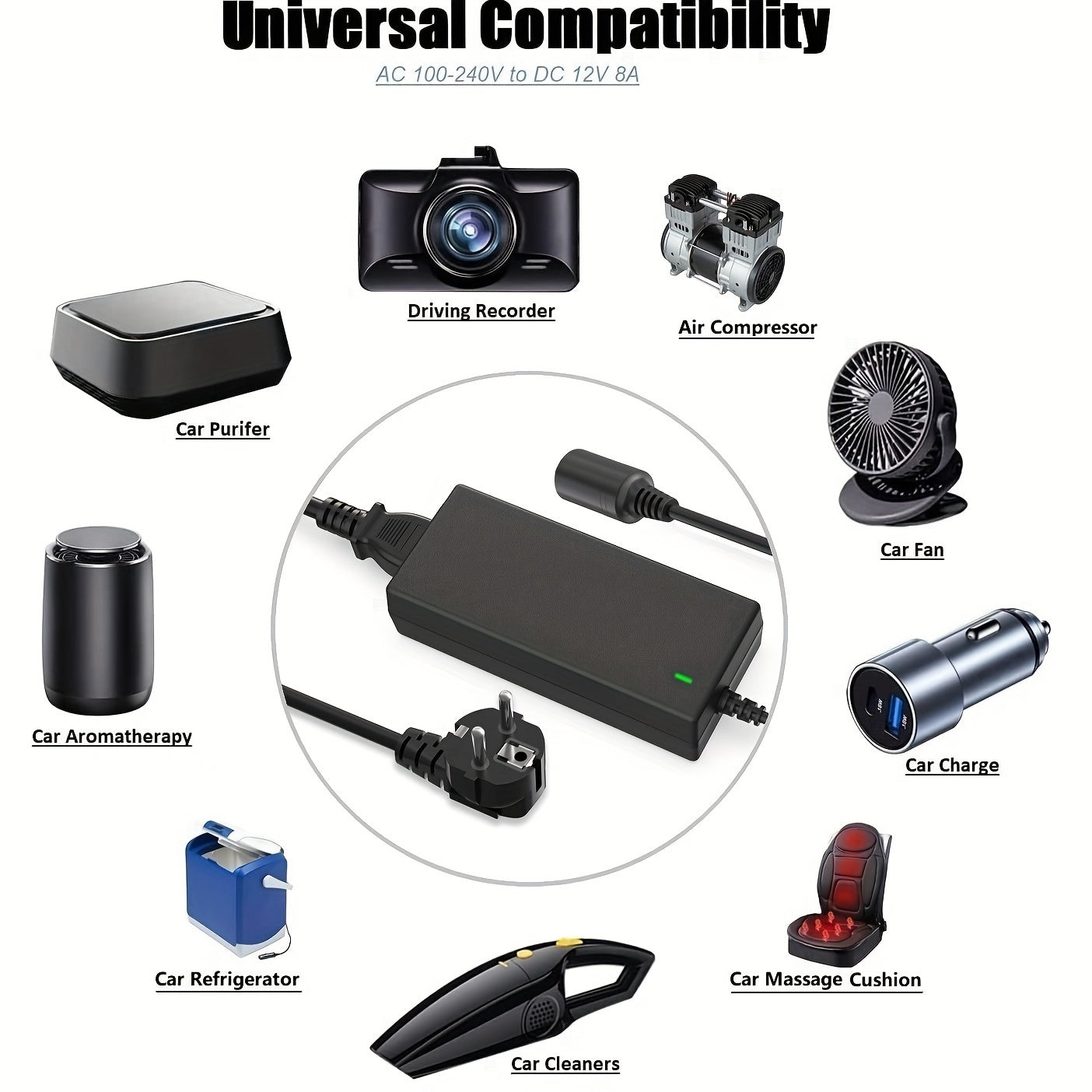 96W Avtomobil quvvat adapteri, sigareta chirog'i rozetkasi bilan, Yevropa rozetkasi, yashil LED ko'rsatkichi