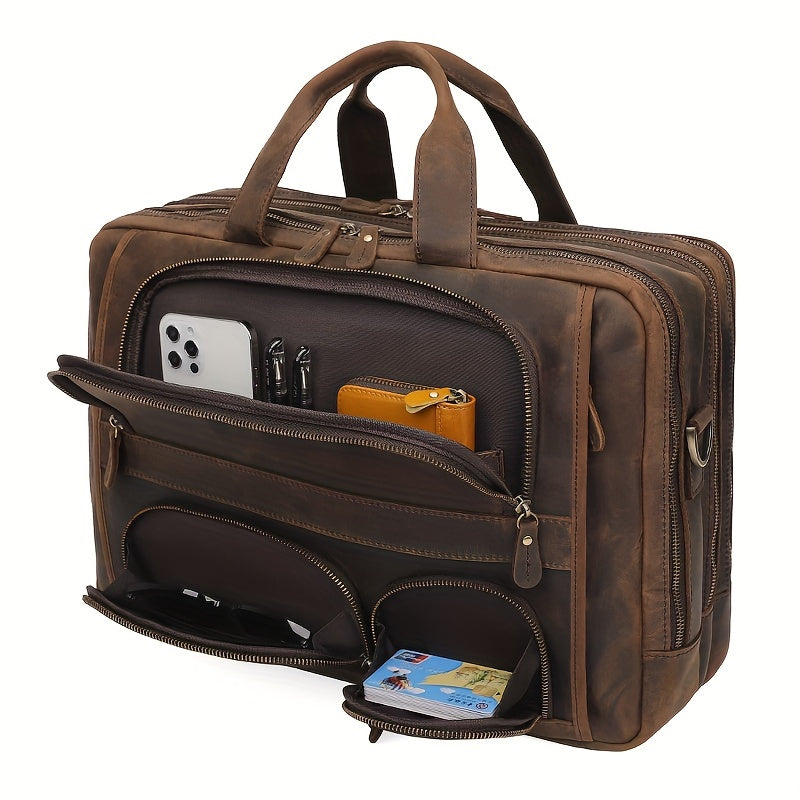 Men's Vintage Full Grain Leather Messenger Bag with Multiple Compartments Dark Brown Water-Resistant Lightweight Office Travel