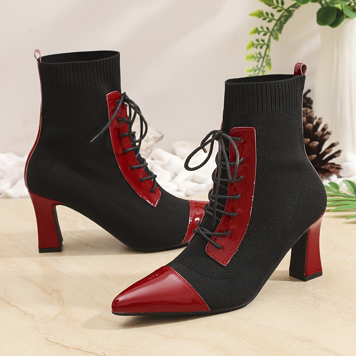 Women's Black and Red Pointed Short Boots Thick Heels Outdoor Shoes