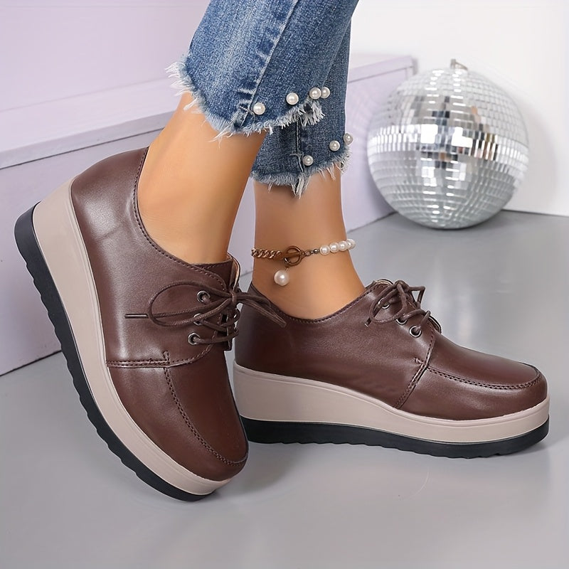 Women's Solid Color Lace-Up Loafers Flat Shoes with Thick Sole