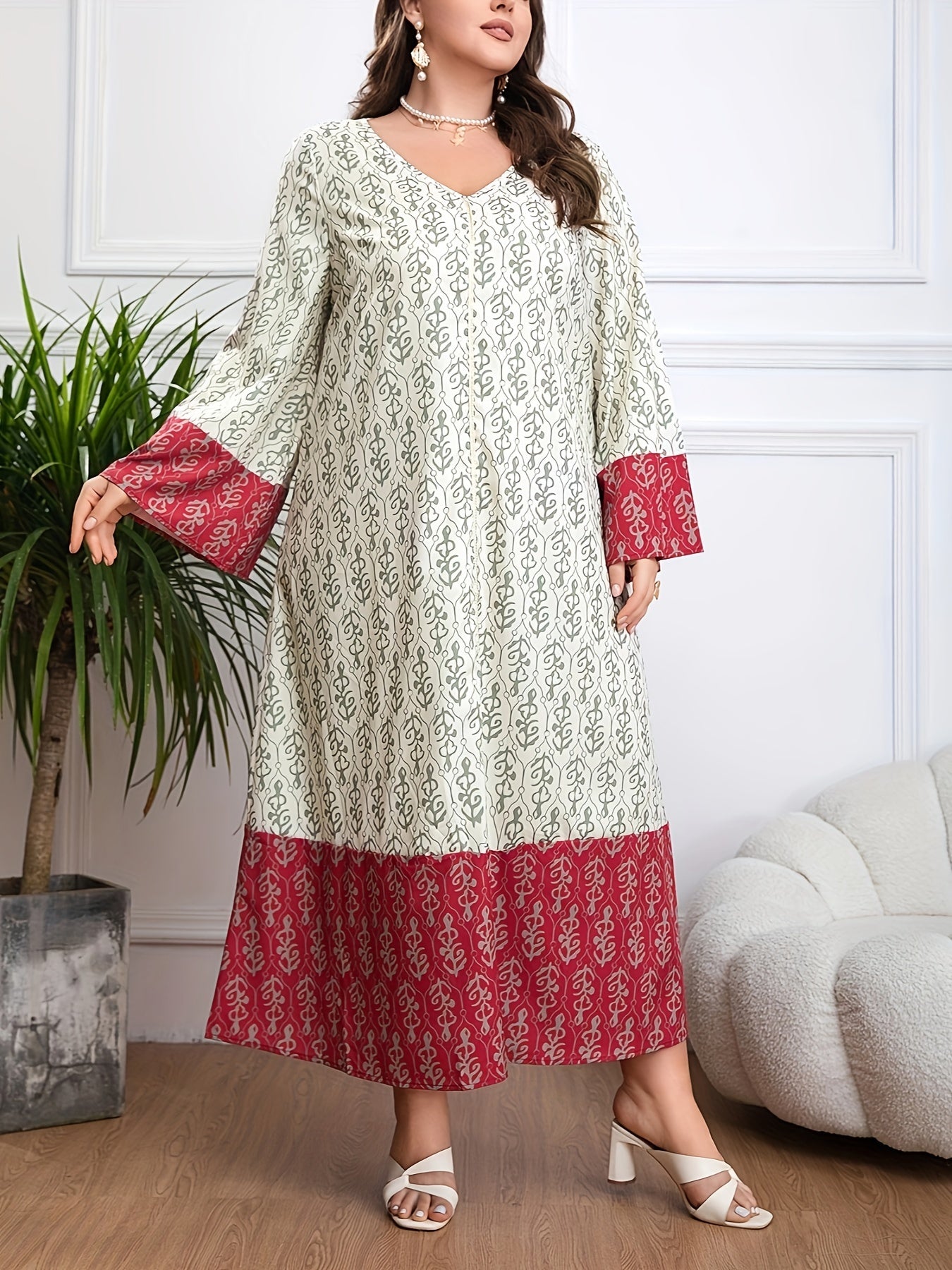 Plus Size Floral Colorblock Kaftan Dress V Neck Long Sleeve Womens Clothing