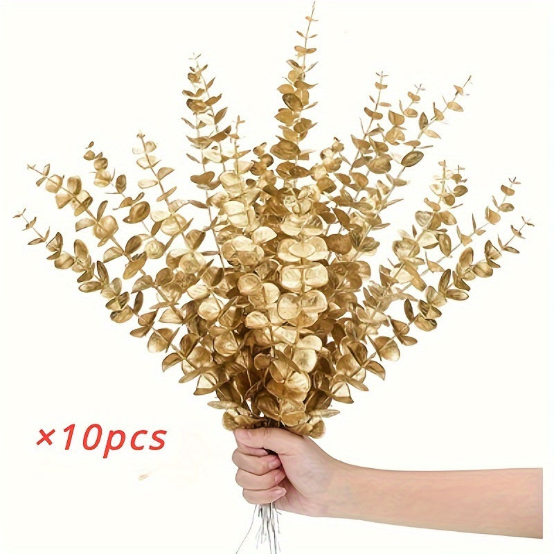 10-Piece Artificial Golden Eucalyptus Stems for Home and Wedding Decor Vase Fillers Tabletop Accents