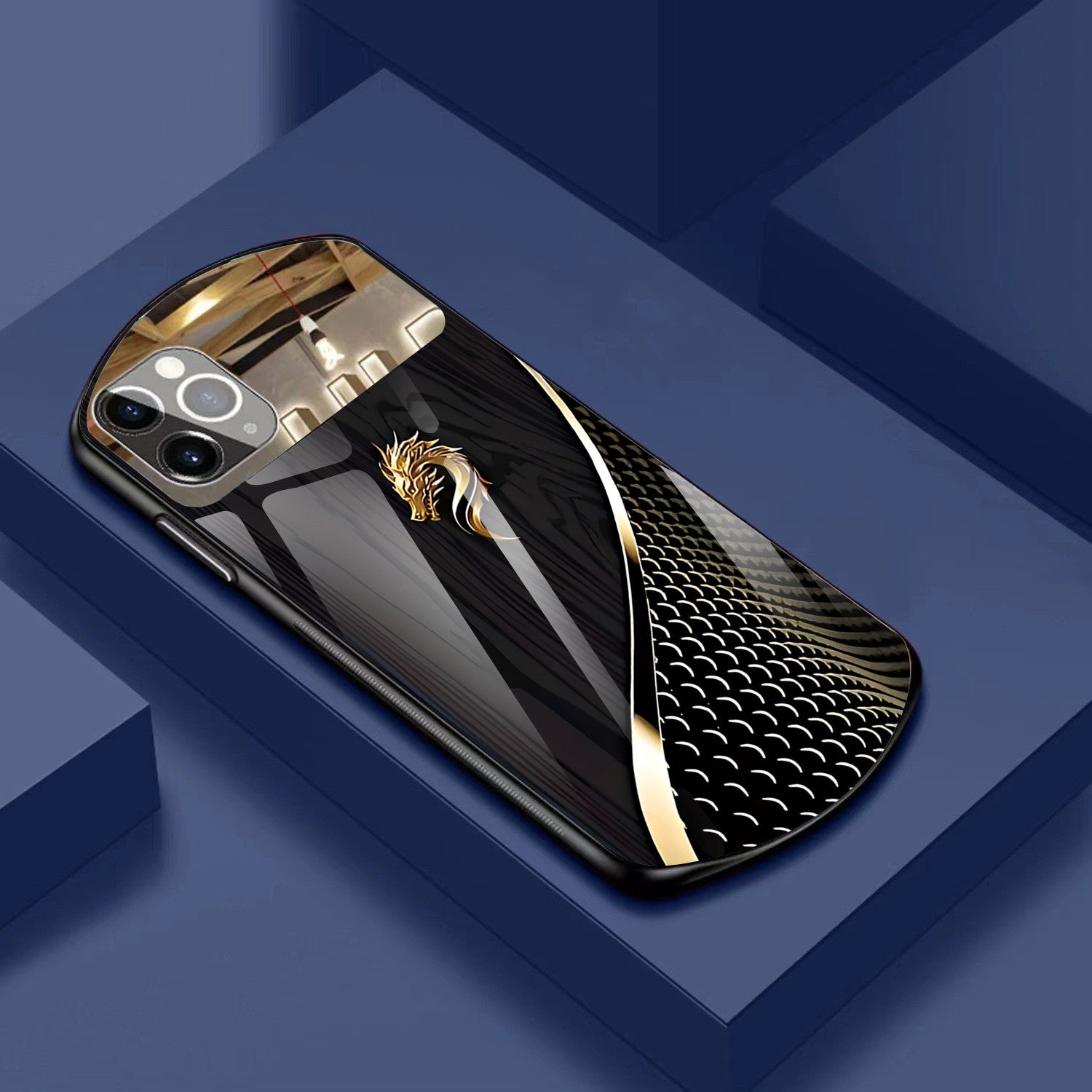 Luxury Golden Dragon Faux Wood Grain Oval Glass Phone Case for iPhone 11 Pro Max and Later Models