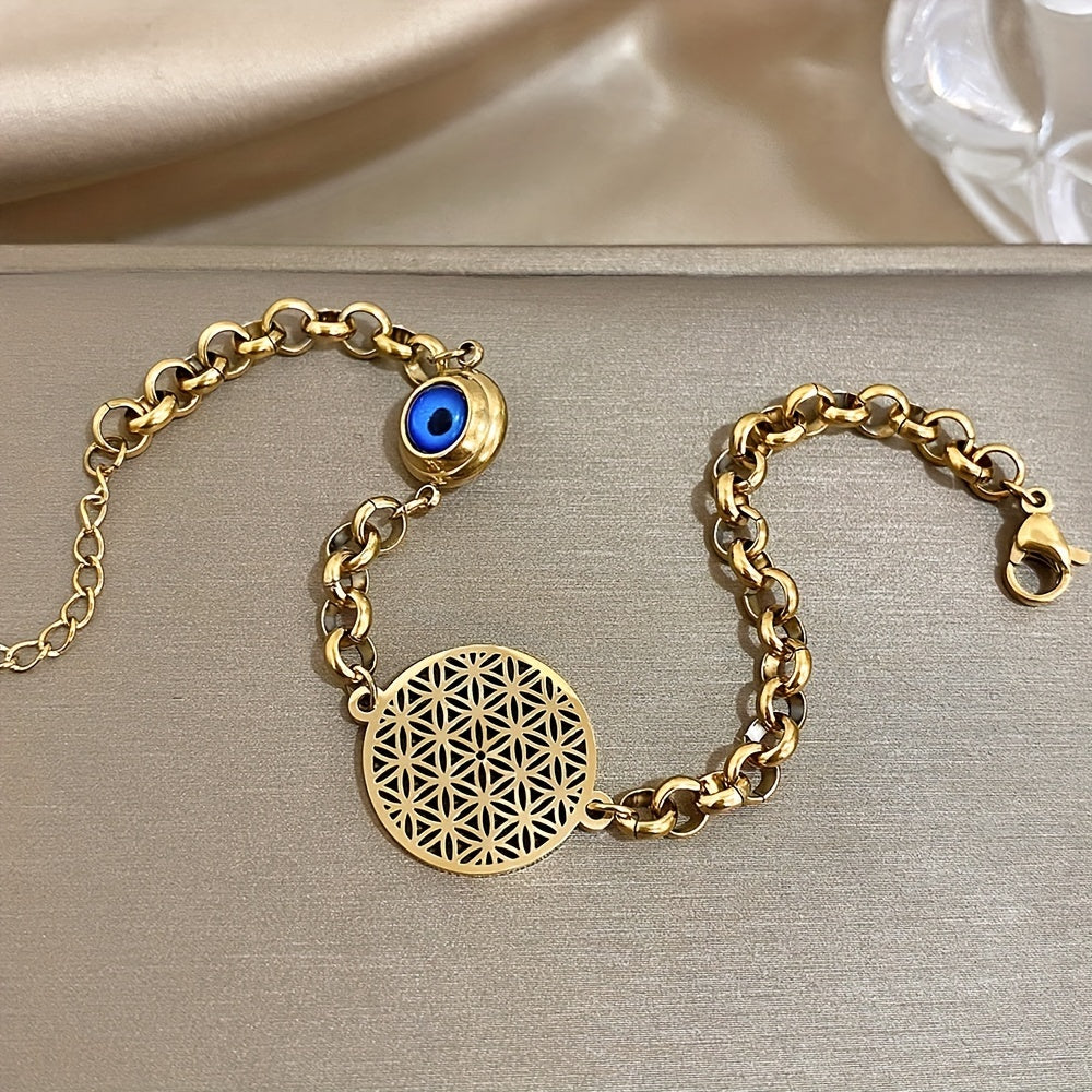 Golden Stainless Steel Bracelet with Evil Eye and Flower of Life Design for Women