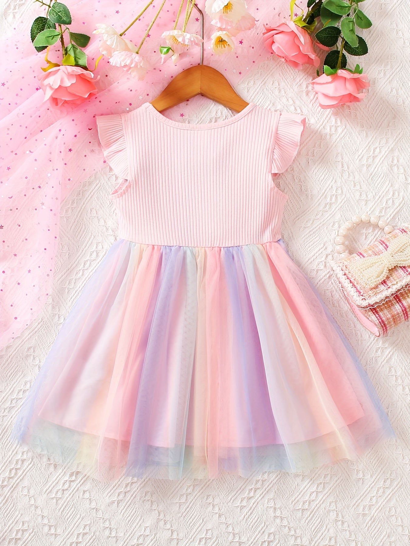 Children's Rainbow Tutu Princess Dress with Rhinestone Decor and Flying Sleeves for Summer