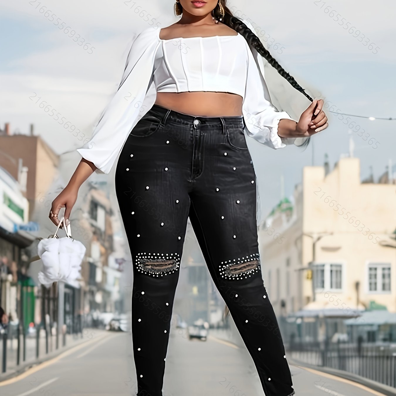 Plus Size Women's High-Stretch Skinny Jeans with Pearls Denim Pants for Casual and Formal Wear