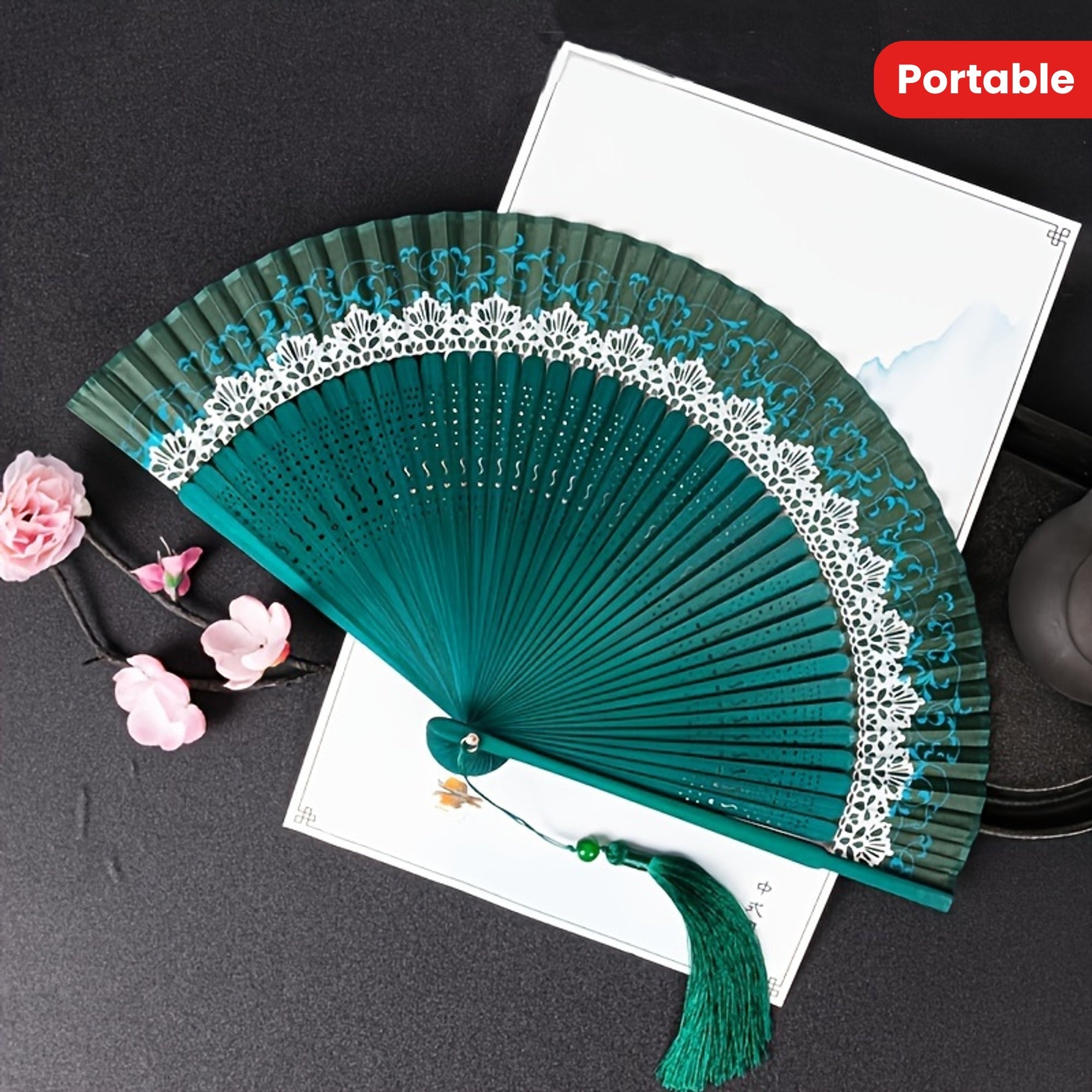 Portable Folding Fan with Traditional Chinese Lace Style Bamboo Japanese Design Vintage Cultural Gift Personal Use