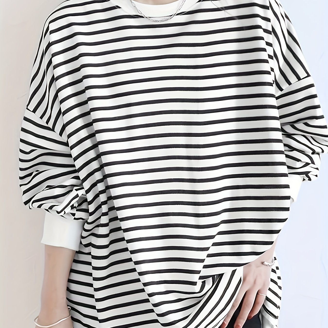 Plus Size Striped Pullover Sweatshirt Women's Long Sleeve Crew Neck Casual Autumn Spring