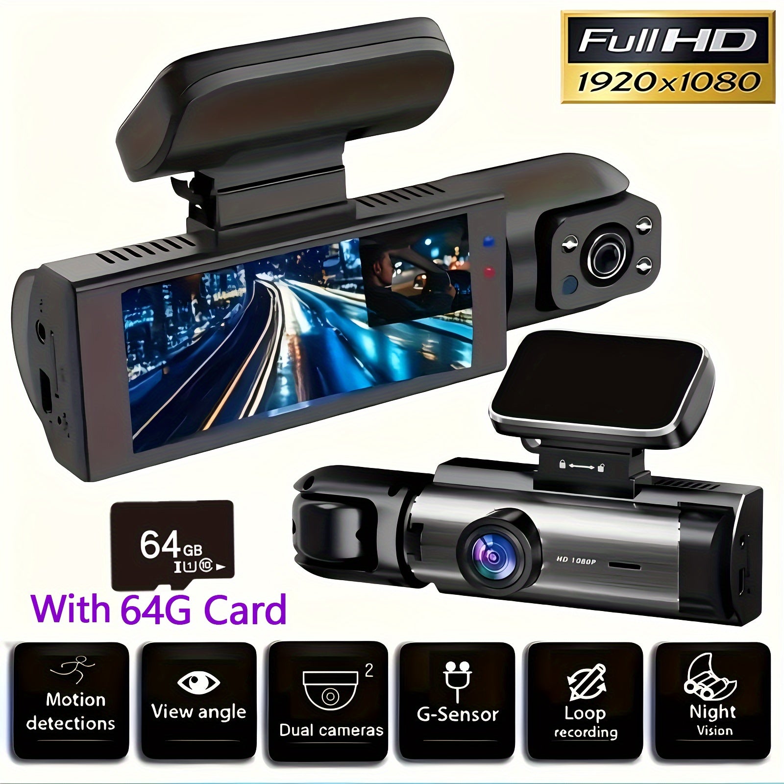 Upgraded Dual-Lens Dash Cam with 64GB Card Night Vision Loop Recording LCD Screen