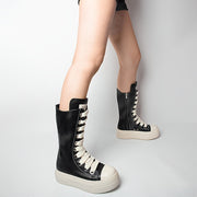 Women's Knee High Boots Solid Color Round Toe Platform Lace-Up Boots